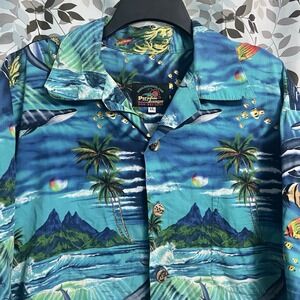 Paradise on A Hanger Hawaiian Men's XL Whales Dolphins Sunset Tropical Volcanoes